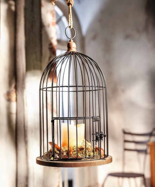 Deko-Vogelkäfig, Voliere, Metallkäfig auf Holzplatte, 22 x 41 cm Landhaus Funkis hygge