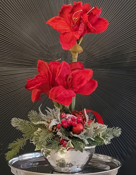Weihnachtsgesteck Adventsgesteck Kunstblumengesteck Amaryllis, rot