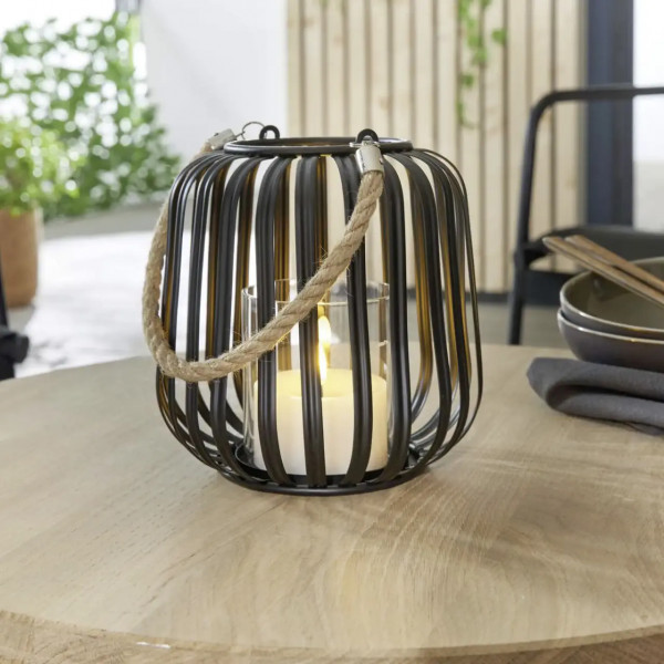 Windlicht Kerzenhalter schwarz modern – Metall, Glas und Jutekordel kombiniert
