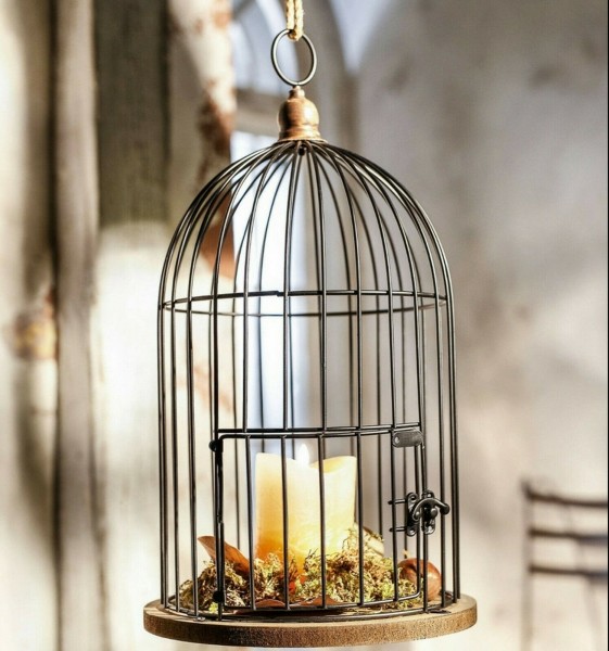 Deko-Vogelkäfig, Voliere, Metallkäfig auf Holzplatte, 22 x 41 cm Landhaus Funkis hygge