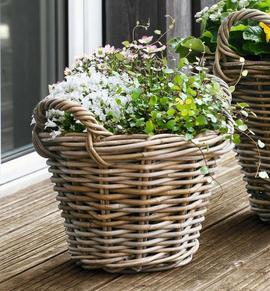 Rattankorb Pflanzkorb mit Griffen, natur/grau konisch, 4 Größen