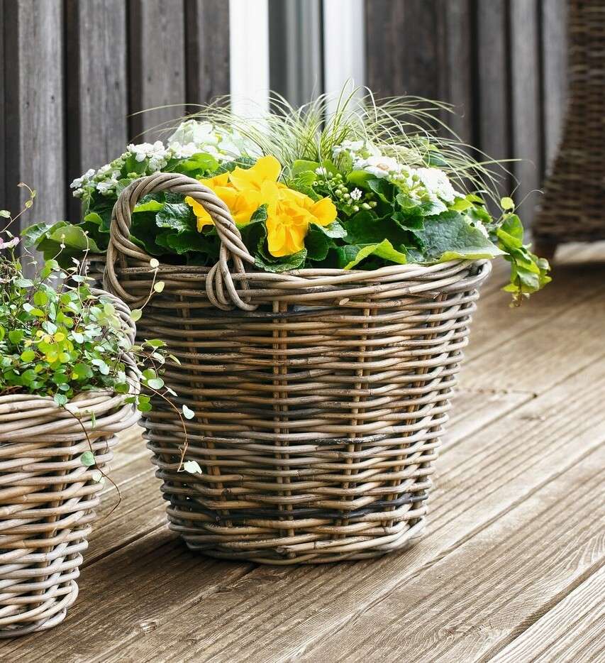 Rattankorb Pflanzkorb mit Griffen, natur/grau konisch, 4 Größen