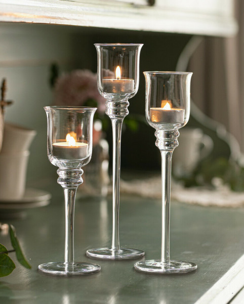 Kerzenhalter Glas 3er Set Stielgläser Teelichthalter EDEL