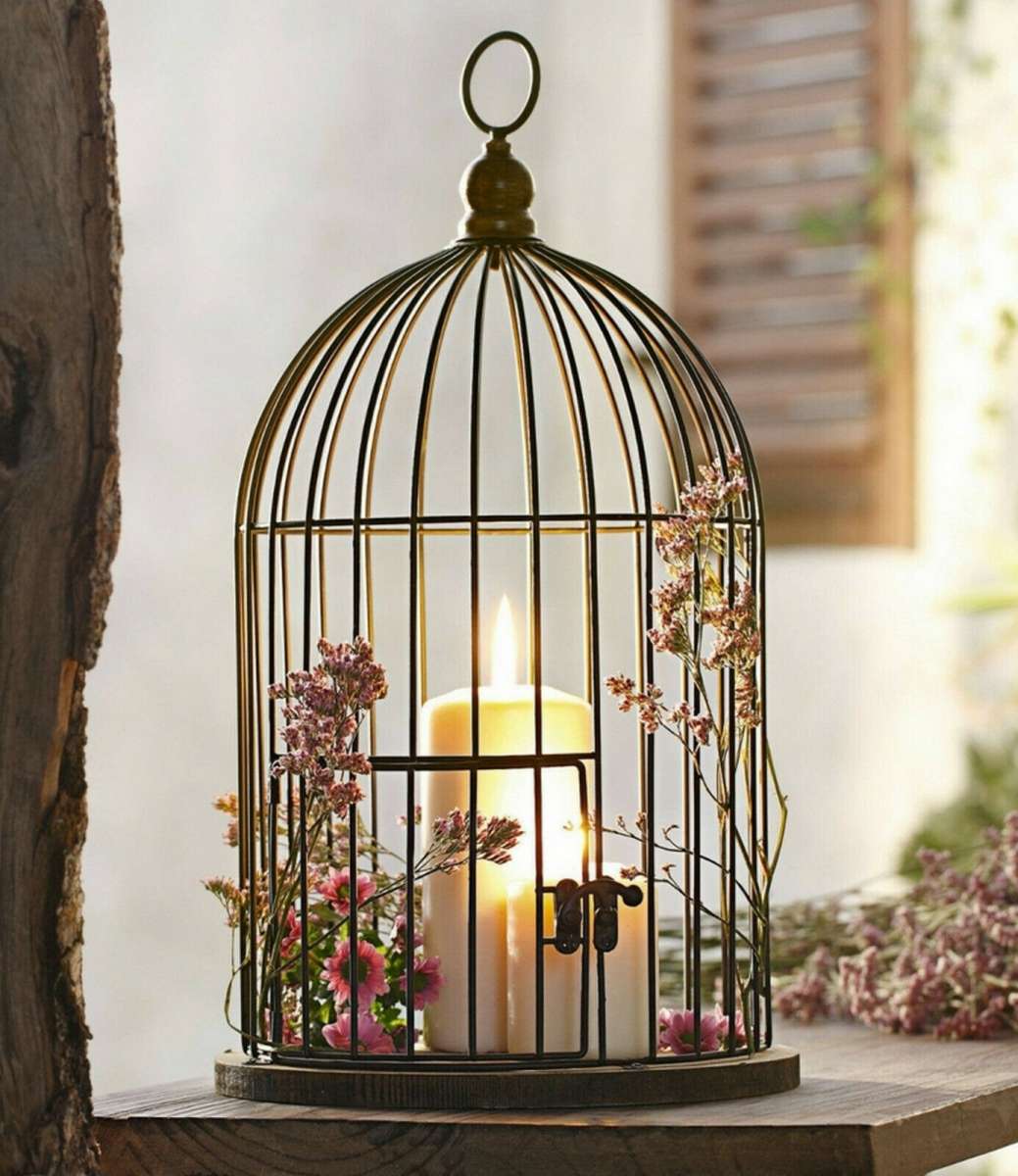 Deko-Vogelkäfig, Voliere, Metallkäfig auf Holzplatte, 22 x 41 cm Landhaus Funkis hygge