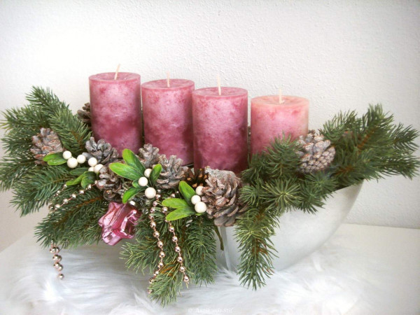 Wintergesteck SILBERSCHIFFCHEN mit 4 Rustic-Kerzen