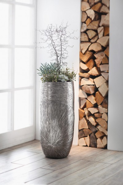 Bodenvase Silberoptik 72 cm Übertopf mit Pflanzeinsatz, Pflanztopf Blumentopf Pflanzsäule