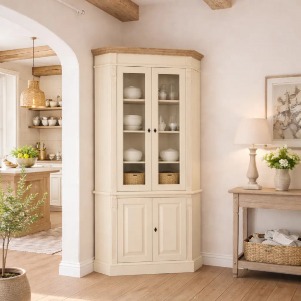 Eckschrank Eckvitrine Massivholz mit Glastüren Landhaus PS59