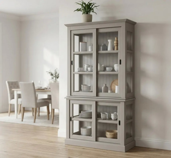 Vitrine Vitrinenschrank PS595 H220 B110 Schiebetüren Massivholz Landhaus-Stil