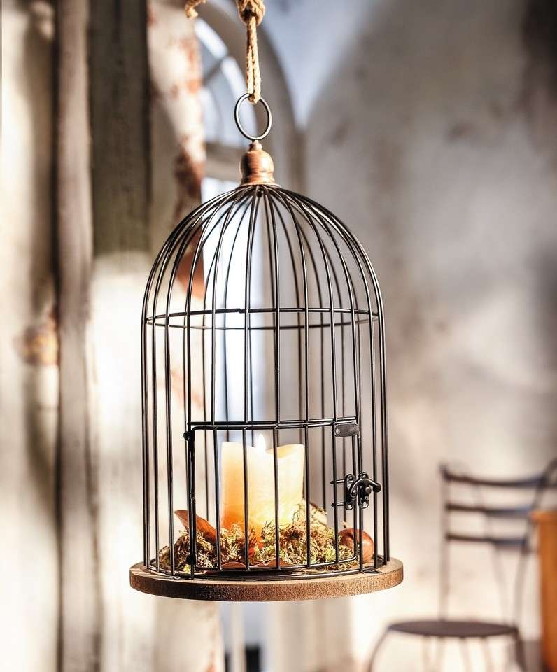 Deko-Vogelkäfig, Voliere, Metallkäfig auf Holzplatte, 22 x 41 cm Landhaus Funkis hygge
