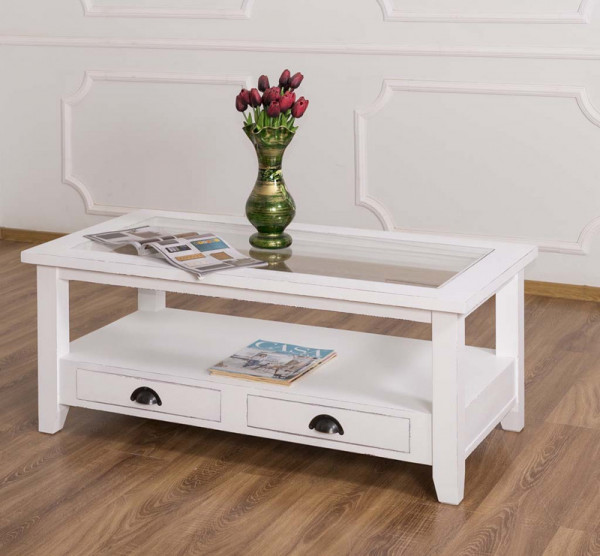 Couchtisch Landhaus Glasplatte 120x65 cm 2-fach antikisiert Reinweiß auf Schwedisch Rot