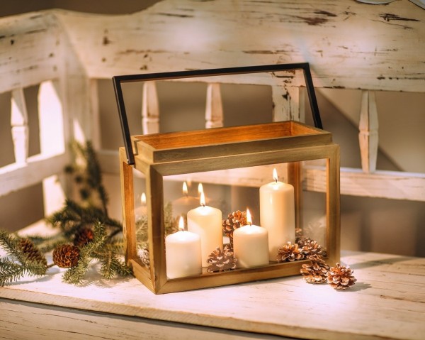 Laterne Laternenkasten Windlicht Scandi Stil Holz Metall Glas Deko Garten 32 cm