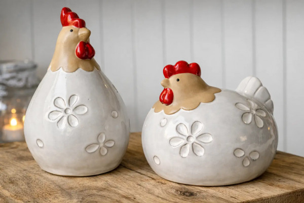 Porzellanhühner Hühnerpaar Deko-Hühner für Haus, Balkon & Garten 2er-Set